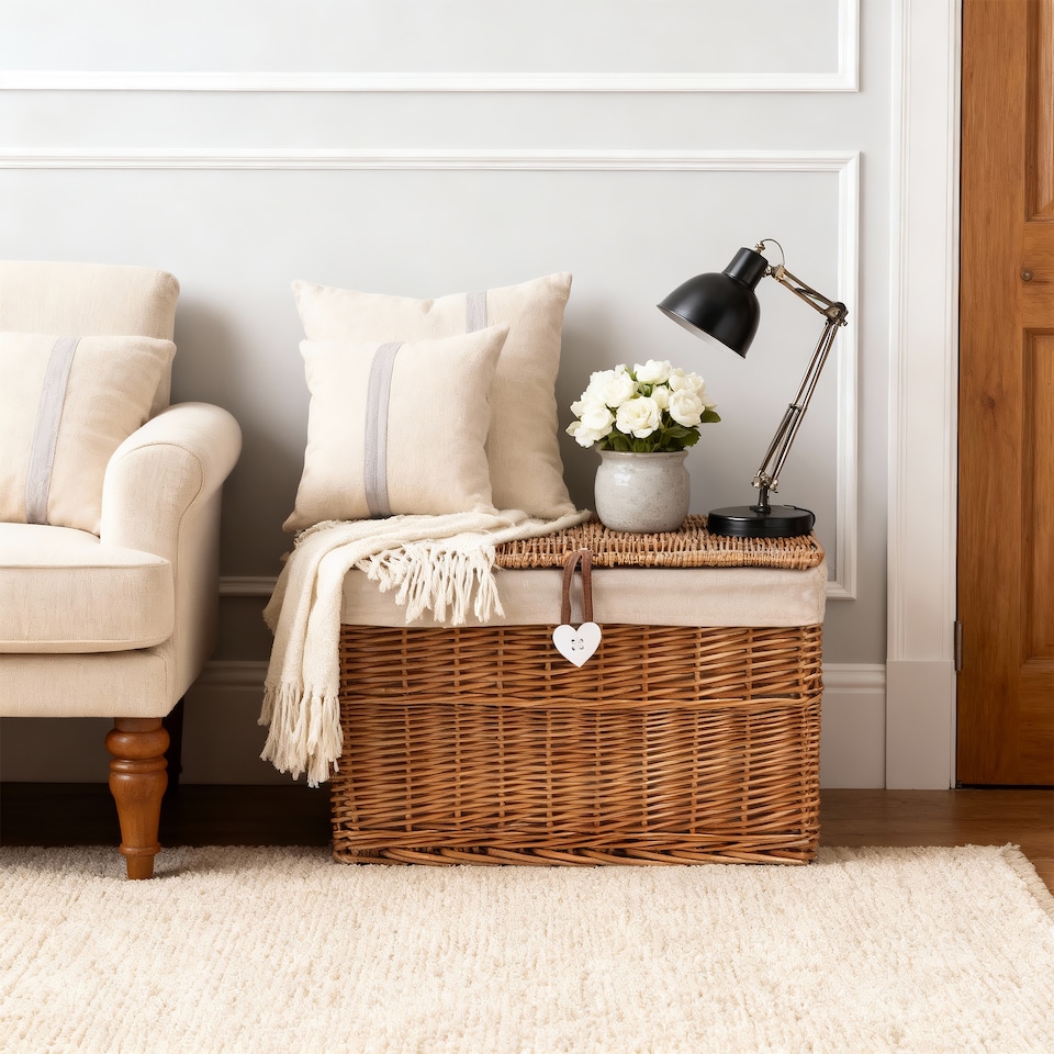image 1 of Wickerfield Large Home Storage Basket Trunk Chest Hamper with Lid and Cotton Liner (Small, Brown)