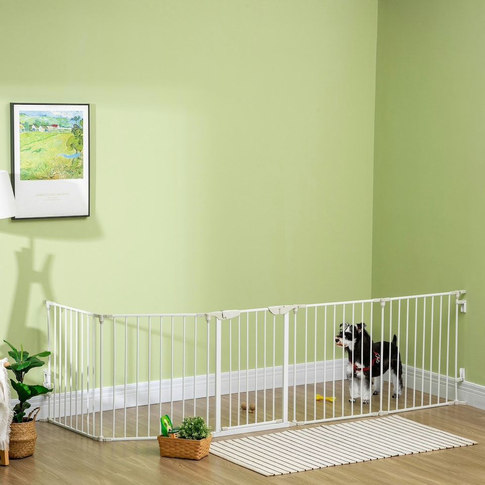 image 1 of PawHut Pet Safety Gate 5 Panels Playpen Metal Fence w/ Walk Through Door - White