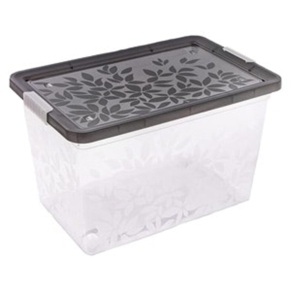 image 1 of Set of 6 55 Litre Elegant Jasmine Leaves Strong Stackable Plastic Storage Boxes Complete With Clip Locked Lids Clear