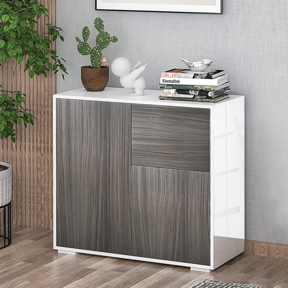 image 1 of HOMCOM High Gloss Frame Sideboard, Side Cabinet, Push-Open Design with 2 Drawer for Living Room, Bedroom, Light Grey and White