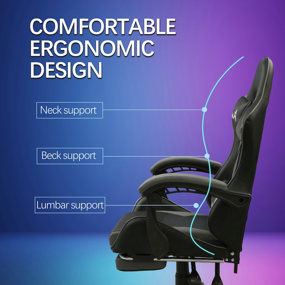 image 1 of 360 Degree Swivel Gaming Chair with Footrest Lumbar Support Back Support - Grey