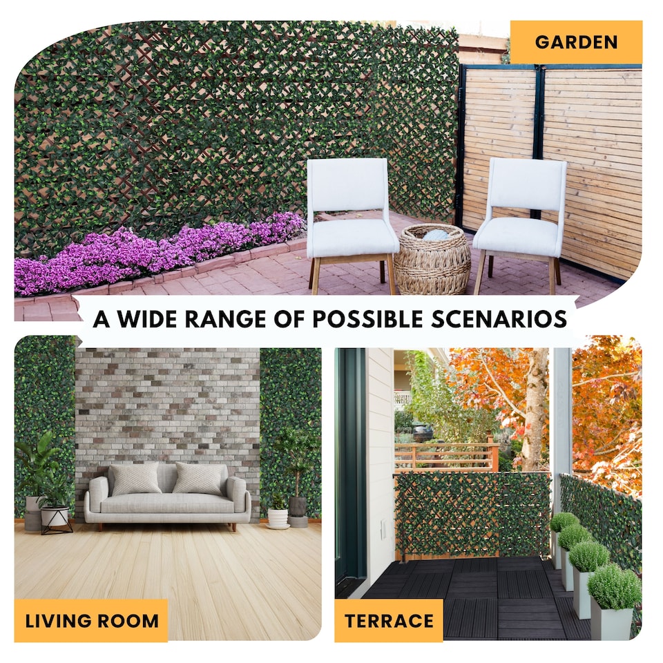 image 1 of Expanding Trellis With Artificial Leaves and Flowers - Ficus Leaf Garden Hedge Balcony Privacy Screening Panel | Green | Green | L | 1