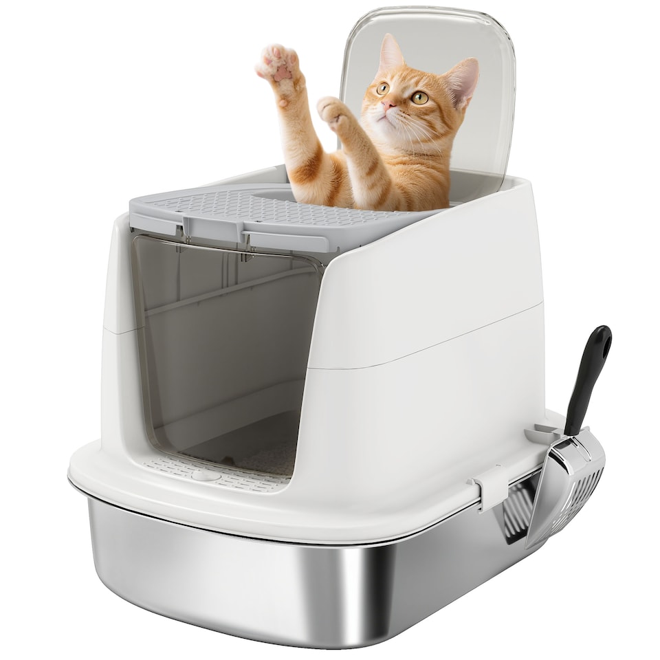 image 1 of PawHut Stainless Steel Litter Box, Enclosed Metal Cat Litter Tray with Scoop | White | One Size