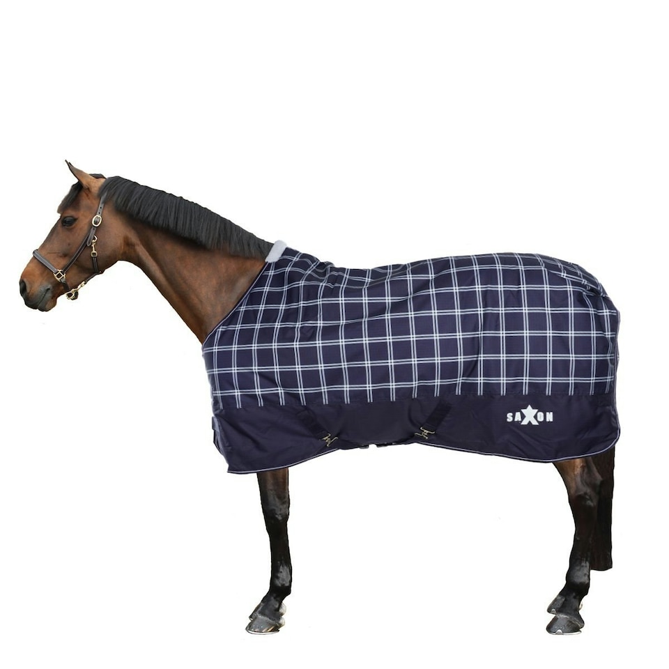 image 1 of Saxon Defiant Standard-Neck Plaid Midweight Horse Turnout Rug - Navy/White - 7´