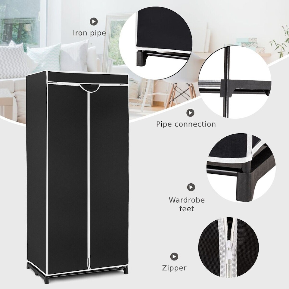 image 1 of COSTWAY Single Folding Clothes Closet Fabric Wardrobe with Hanging Rail Black