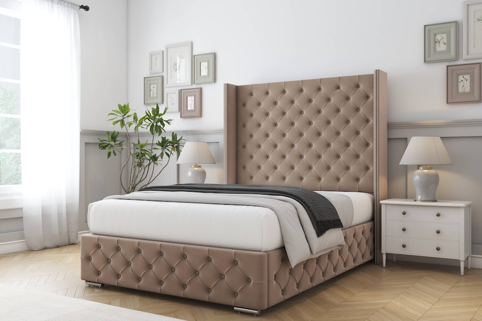 image 1 of Sloomy Arundel Mink Plush Bed Frame With Mattress With 50"  Upholstered Wingback Headboard 2'6 Small Single