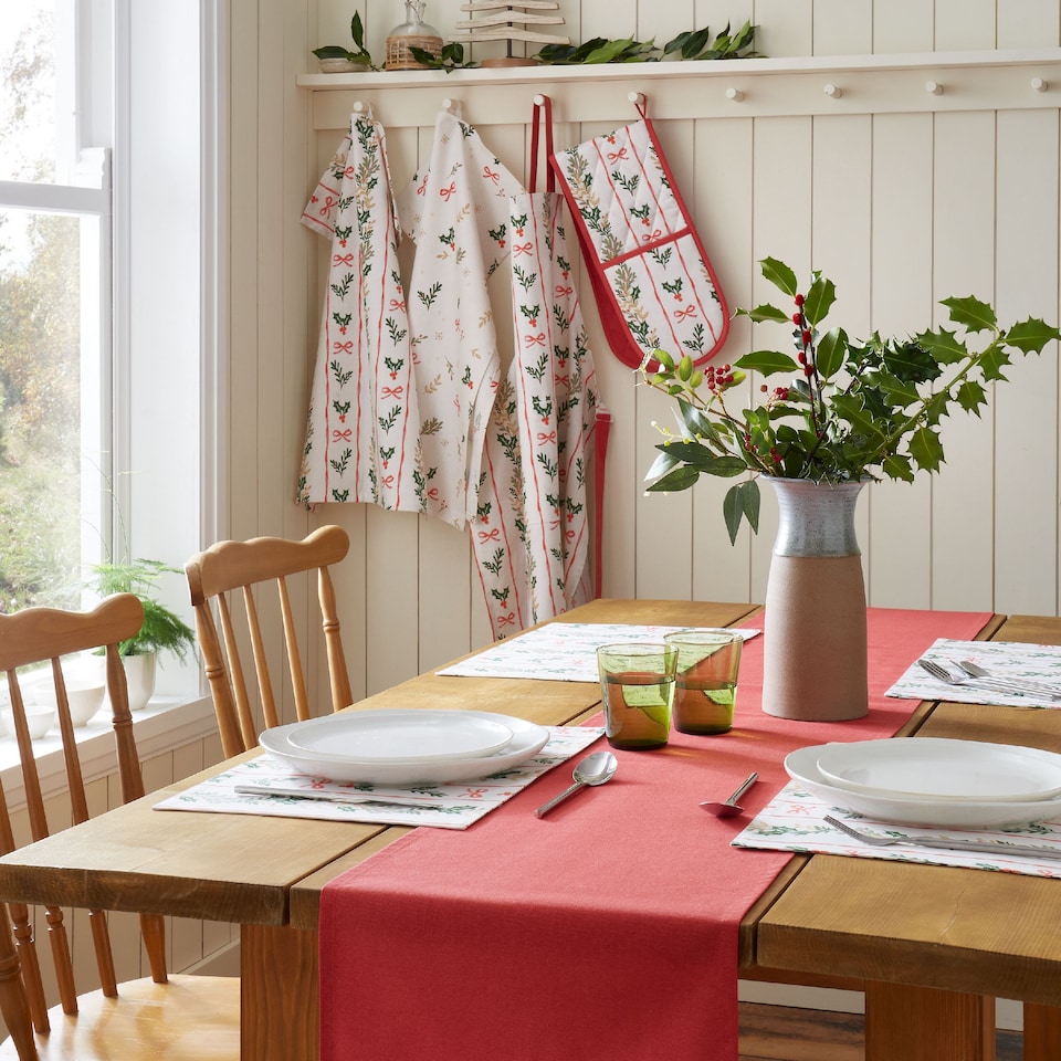 image 1 of Catherine Lansfield Christmas Holly Stripe Cotton Dining Placemat 4 Pack
