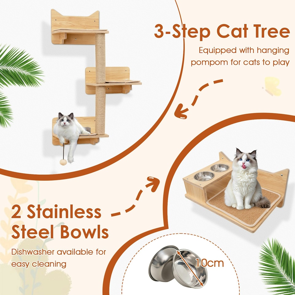 image 1 of COSTWAY 6Pcs Cat Wall Furniture Set Wall Mounted Shelves