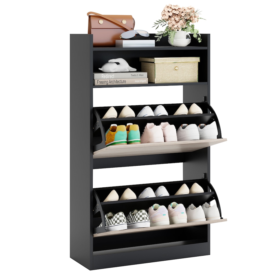 image 1 of COSTWAY Slim Hidden Narrow Shoe Organizer Cabinet with Open Storage-Black