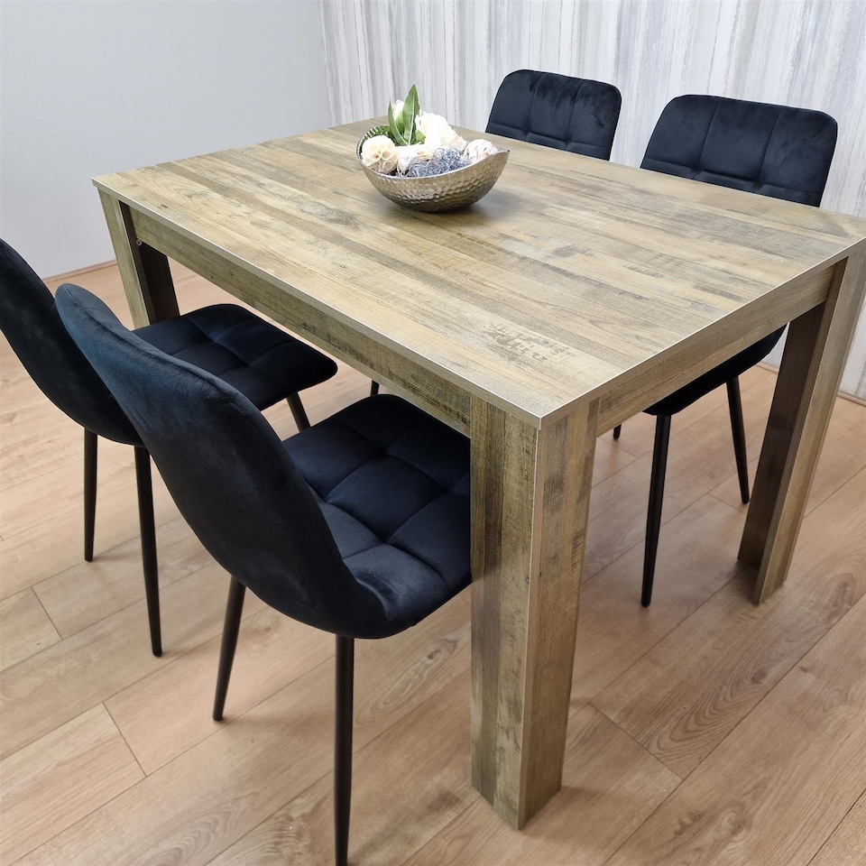 image 1 of Dining Table and 4 Chairs Rustic Effect Wood Table with 4 Black Velvet Dining Chairs