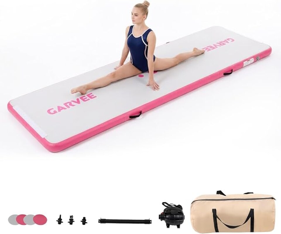 image 1 of London Boutique 16FT*3.3FT Inflatable PVC Gym Mat, Brushed Pink Non Slip Air Tumbling Mat for Yoga and Water Activities