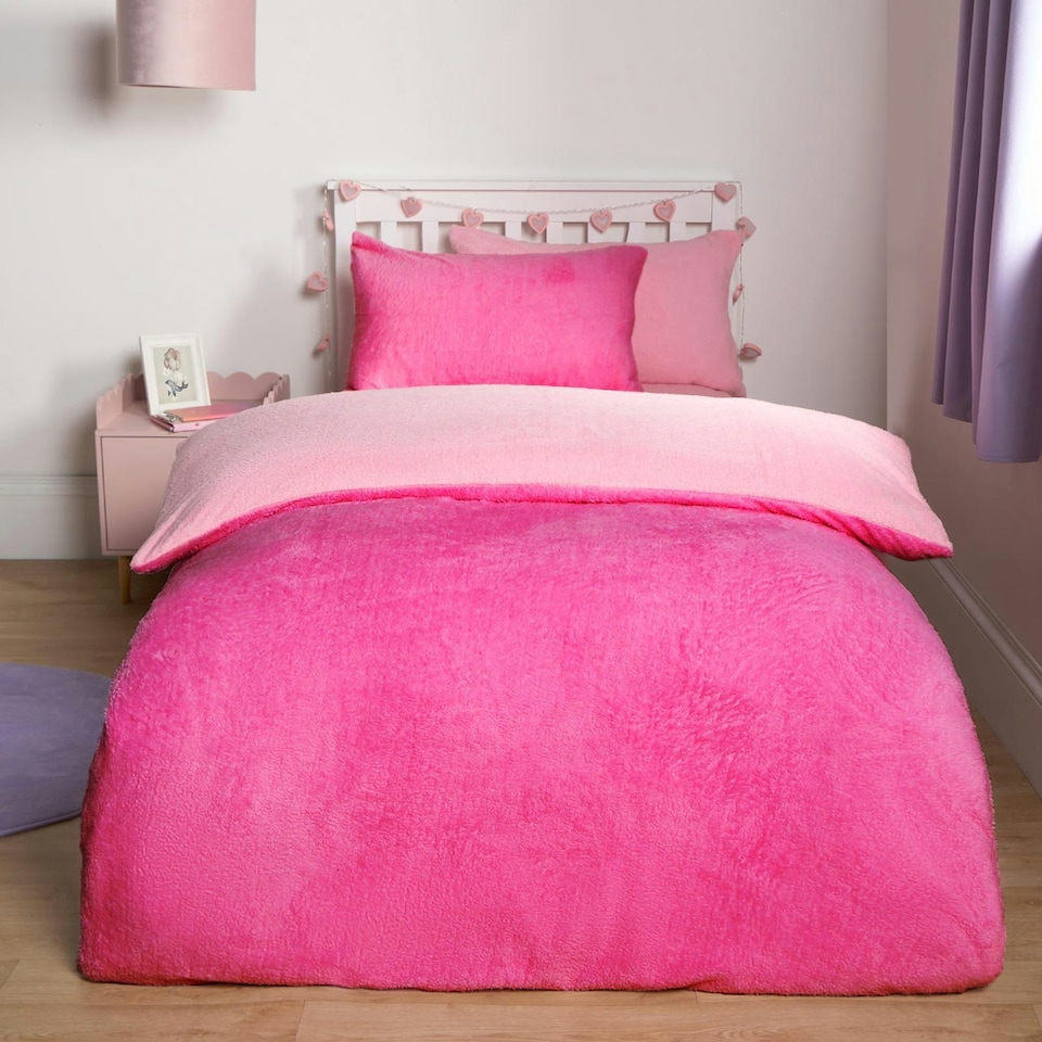 image 1 of OHS Luxury Teddy Fleece Reversible Duvet Cover and Pillowcase Bedding Set | Multi | Pink/Hot Pink | Double