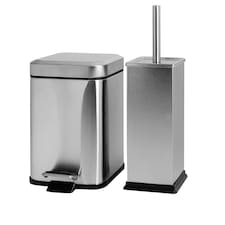 Harbour Housewares Square Toilet Brush & Bin Set - Brushed Metal | Silver | Silver