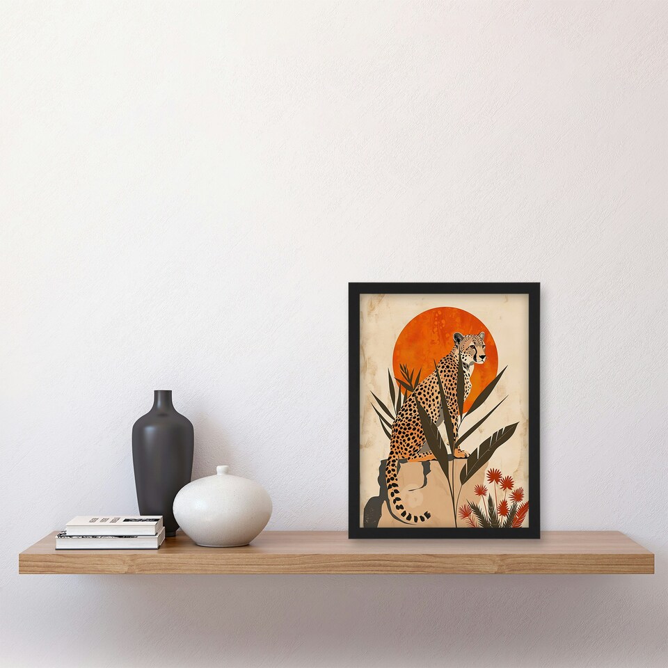 image 1 of Cheetah atop a Rock Boho Sunset Sun Jungle Black Framed Wall Art Print A4