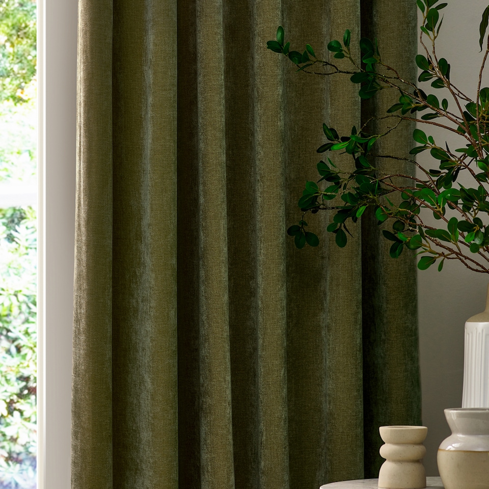 image 1 of Heavy Chenille Blackout Pencil Pleat Curtain Pair | Green | Olive | 2