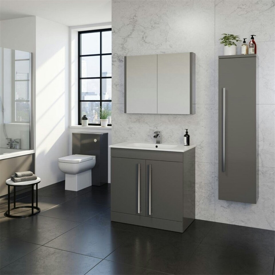 image 1 of Bathroom 2-Drawer Floor Standing Vanity Unit with Mid Depth Ceramic Basin 600mm Wide - Storm Grey Gloss  - Brassware Not Included Grey