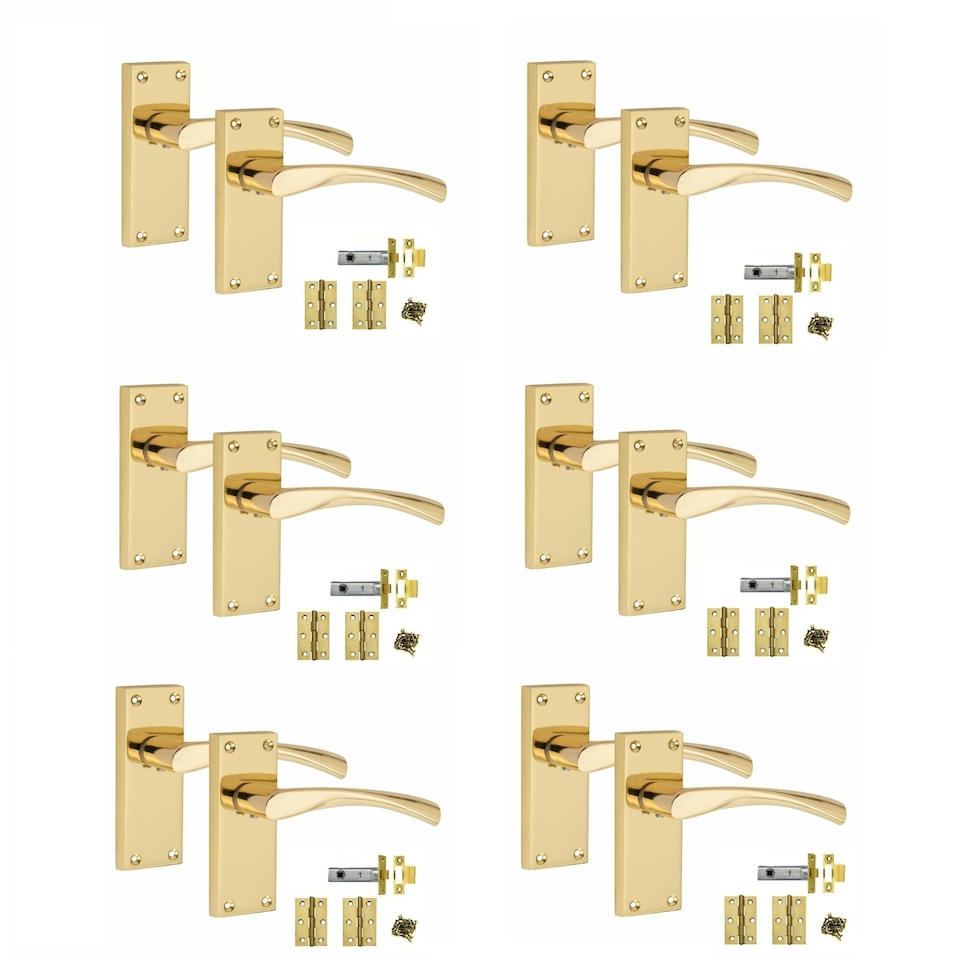 image 1 of Golden Grace 6 Sets Victorian Scroll Astrid Door Handles Latch in Polished Brass with 1 Pair of 3" Standard Butt Hinges & Latches Pack - 120mm x 40mm Backplate Gold