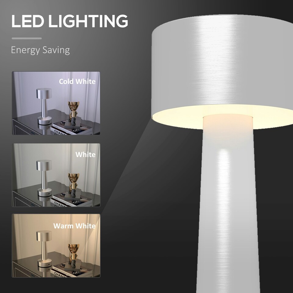 image 1 of HOMCOM LED Cordless Table Lamp with Battery Operated for Bedroom, Silver