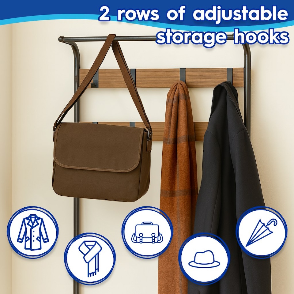 image 1 of Harbour Housewares Curved Steel Coat Rack with Shoe Storage Bench - Black/Brown | Brown | Black/Brown | One Size