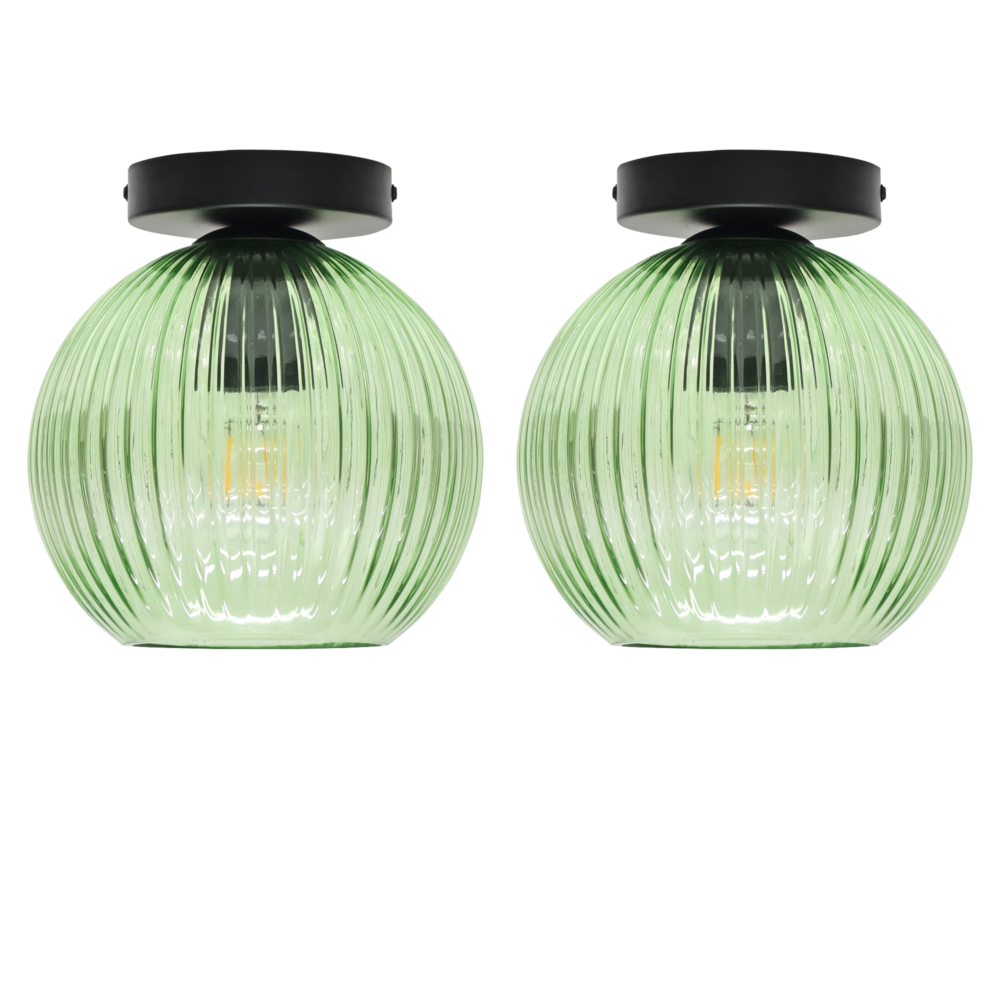 First Choice Lighting Set of 2 Betchley - Green Ribbed Glass Globe Black Ceiling Lights
