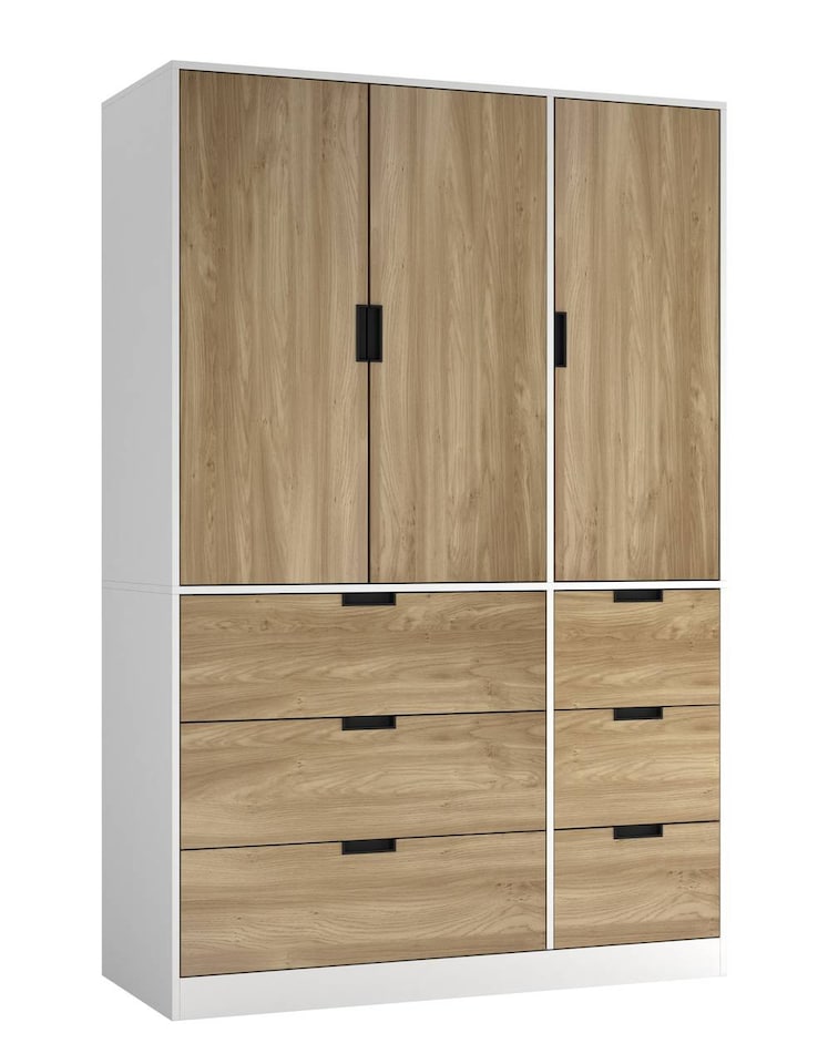 image 1 of RIGA 3 Door 6 Drawer Wardrobe | White | White & Oak | 10 x 44.5 x 79 | 1