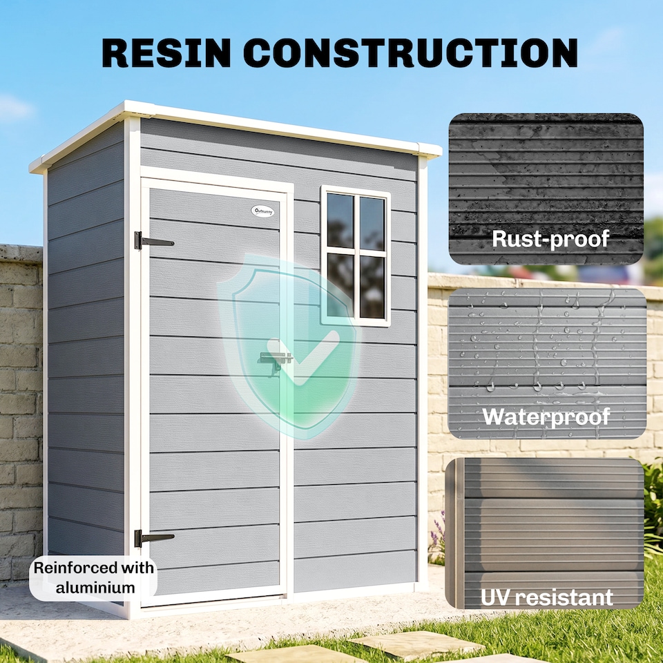 image 1 of Outsunny 5' x 3' Garden Shed w/ Floor, Lockable Door, Window and Vent, Grey | Grey | 1