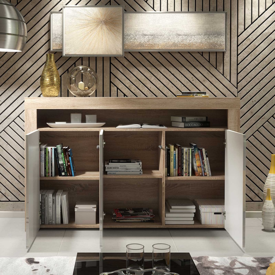 image 1 of TV Unit TV Stand Sideboard Storage Cabinet Cupboard Oak White High Gloss 155cm