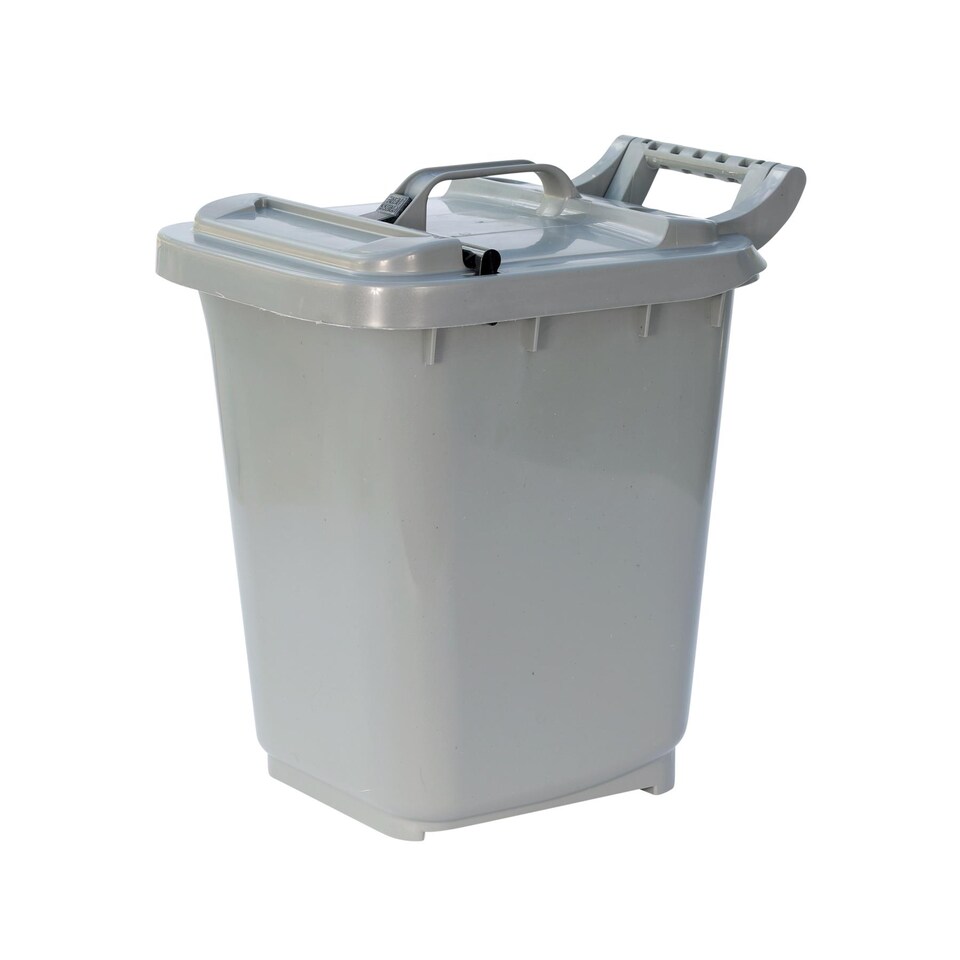 image 1 of Kerbside Compost Caddy with Locking Lid - Silver - for Food Waste Recycling (23 Litre) - Plastic Bin with Composting Guide