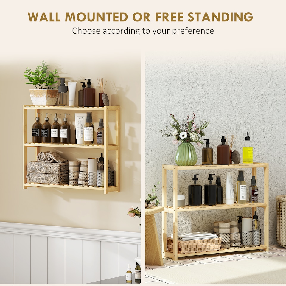 image 1 of HOMCOM 3-Tier Bamboo Bathroom Storage Shelf, Wall-Mounted or Stand, Display Stand Shelving Unit with Adjustable Rack for Kitchen Bathroom Living Room, Natural