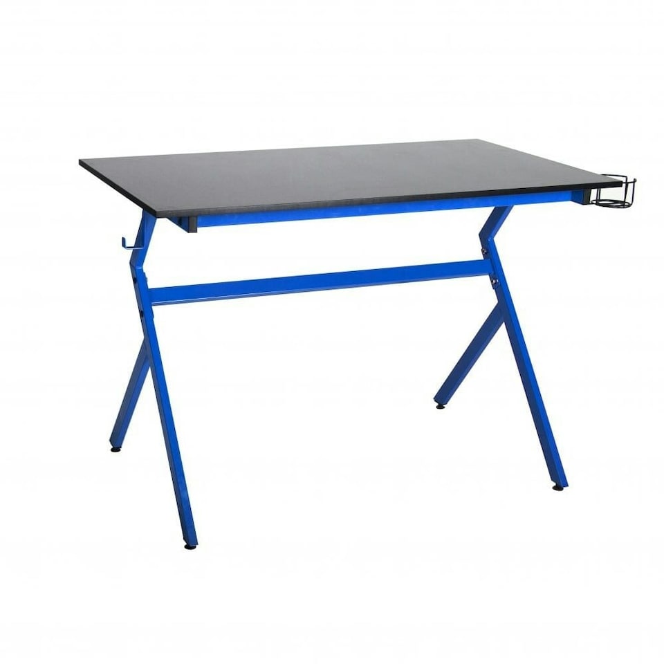 image 1 of Blue Ergonomic PC Gaming Office Computer Desk with Headphone Hook