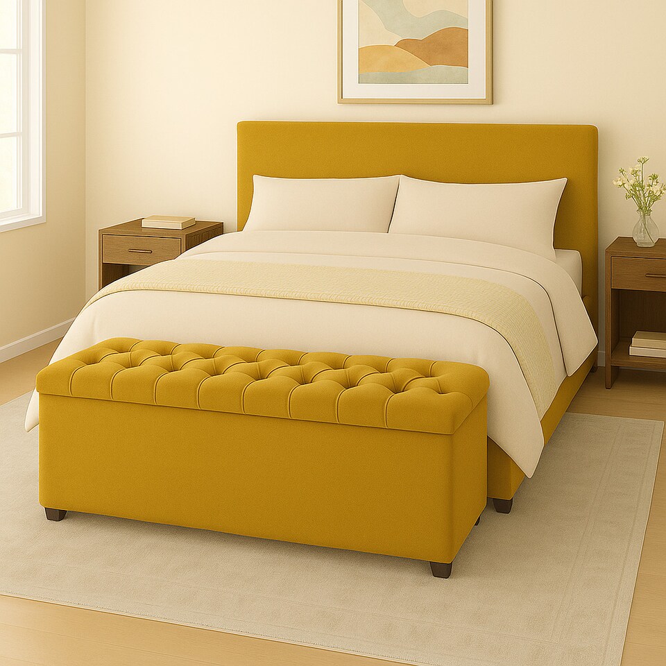 image 1 of 150cm Chesterfield Plush Velvet Mustard Gold Upholstered Storage Ottoman Bench - Deep Tufted Lid & Wooden Leg