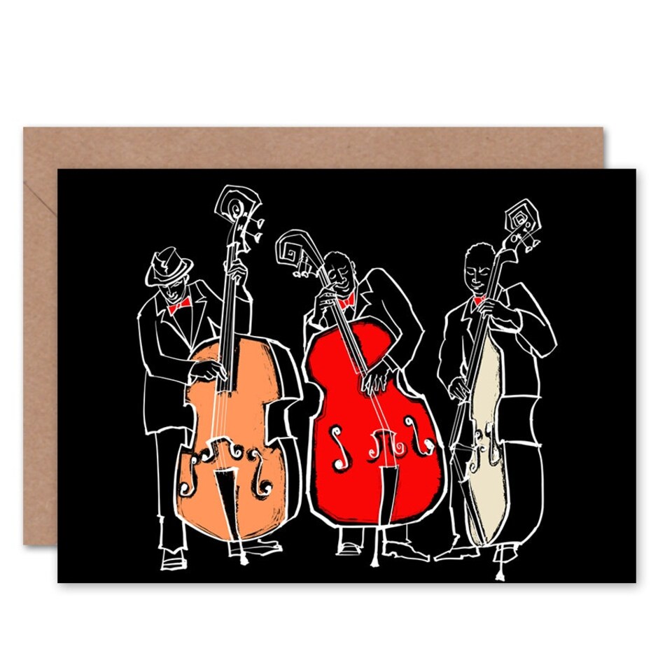 image 1 of Jazz Music Bass Contrabass Musicians Painting Art Card