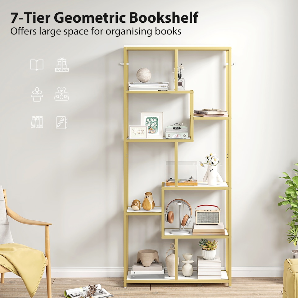 image 1 of HOMCOM 7-Tier Bookshelf, Geometric Bookcase, Industrial Floor Standing Book Shelf, Open Display Shelving Unit for Living Room, Home Office and Bedroom, White and Gold Tone | White | White and Gold Tone
