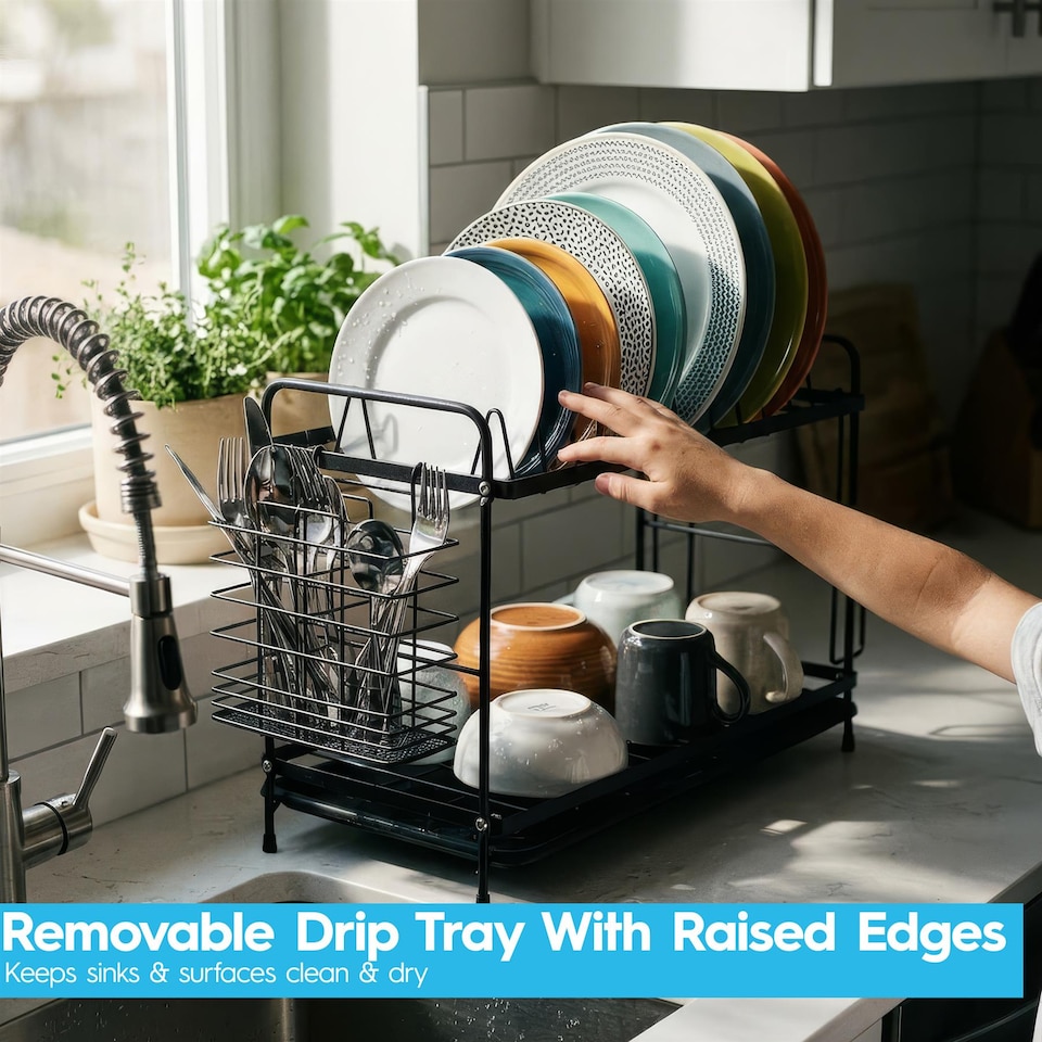 image 1 of Harbour Housewares Metal Kitchen Dish Drainer Rack 2-Tier Cutlery Holder Bowl Plate Drying Rack with Drip Tray