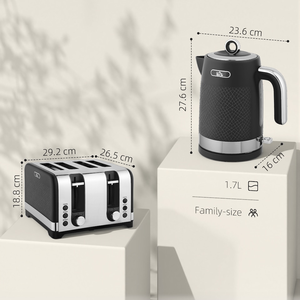 image 1 of HOMCOM Kettle and Toaster Set, 1.7L 3000W Rapid Boil Jug Kettle with Otter Thermostat, Limescale Filter, 4 Slice Toaster with 7 Browning Controls, Crumb Tray, Black | Black