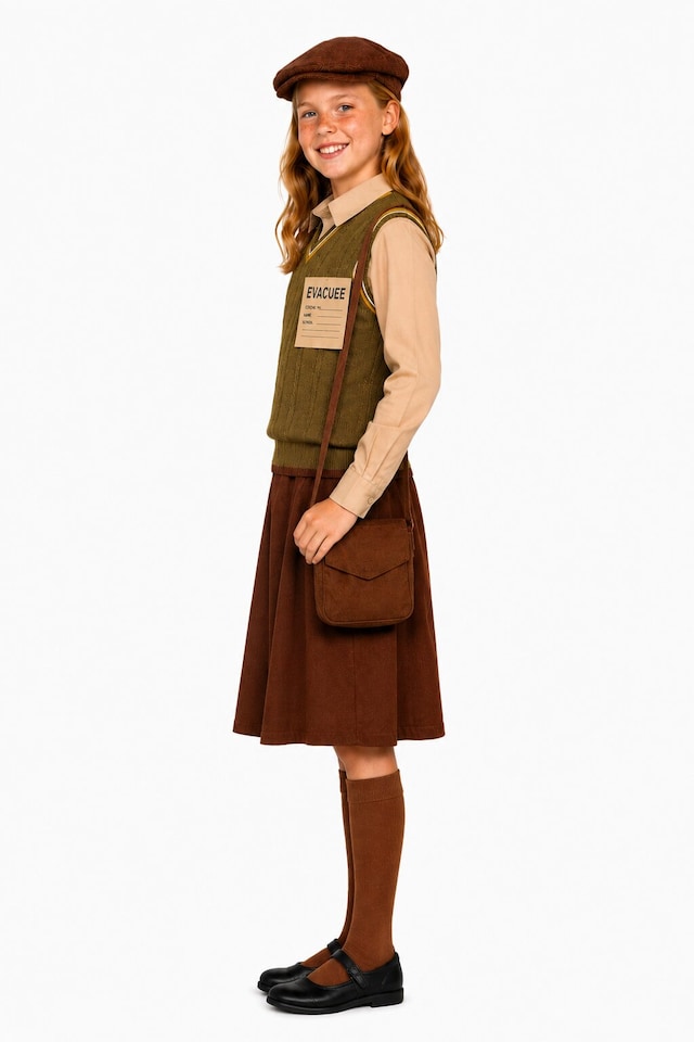 image 1 of Girls WW2 Evacuee Costume World Book Day 1940s Wartime Fancy Dress Kids Child Outfit (Medium 7-9 Years)