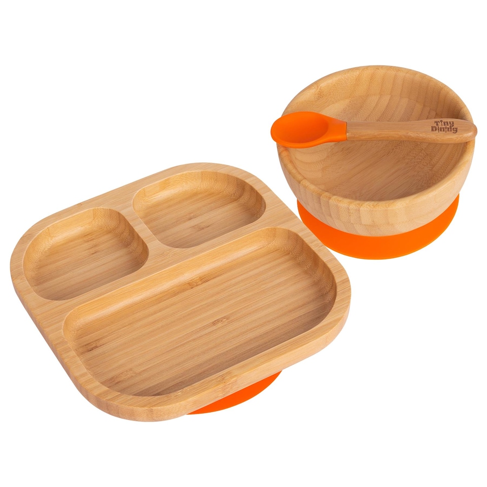 image 1 of Tiny Dining Children's Bamboo Suction Dinner Set - Orange