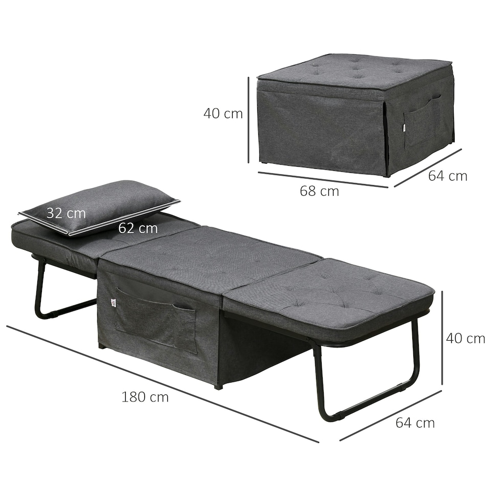 image 1 of HOMCOM Convertible Sleeper Chair with Pillow and Side Pockets, Charcoal Grey