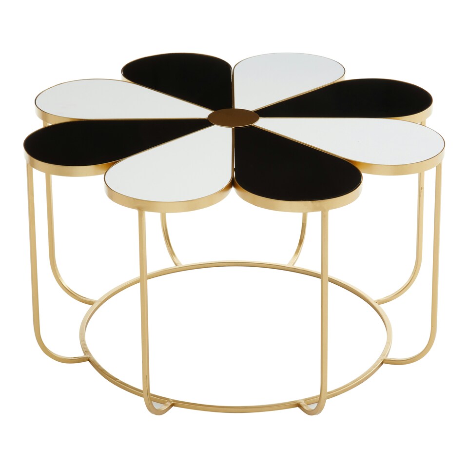 image 1 of Orsina Black & White Petal‑Top Side Table, Floral Daisy‑Style Tempered MDF Top, Gold‑Finish Metal Frame Accent Table
