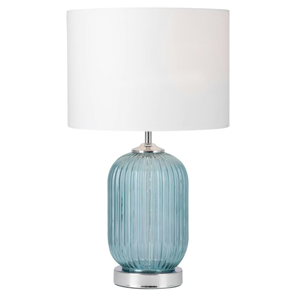 image 1 of First Choice Lighting Set of 2 Turquoise Ribbed Glass Lamps with White Shades Chrome | White