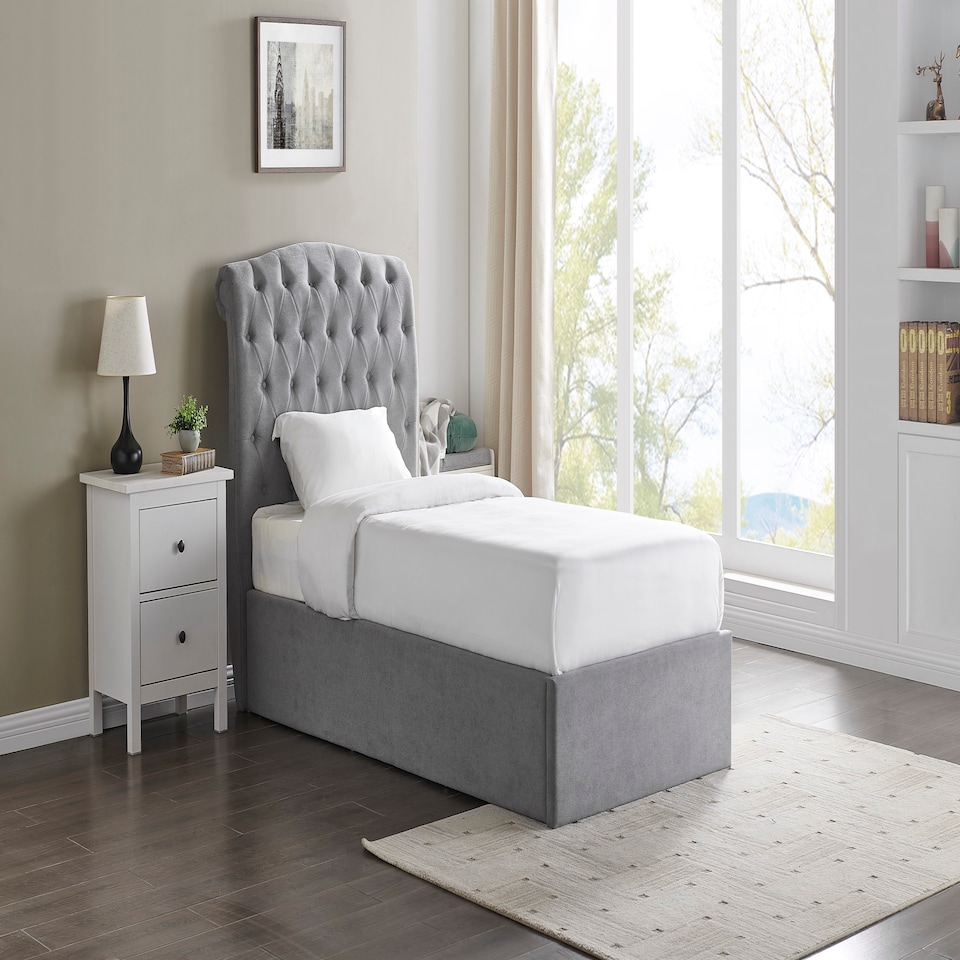 image 1 of 3ft Single Ottoman gas liftup storage bed frame,fabric upholstered, light grey,buttoned back,curved bed frame,bedstead