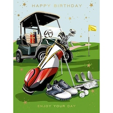 Words 'n' Wishes Traditional Golf Themed Happy Birthday Card, Golf Clubs, Balls, Cart, Gold Foil Finish, UK Made