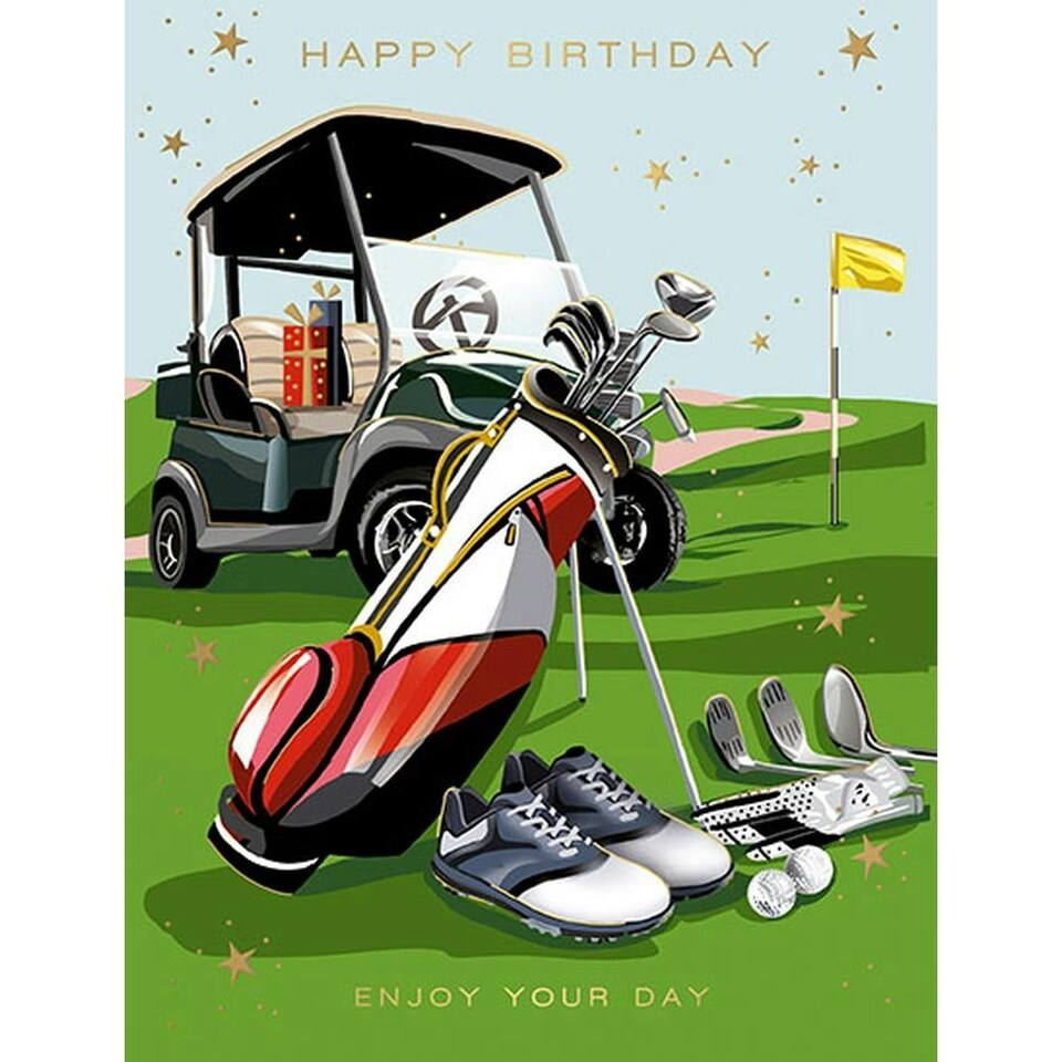 Words 'n' Wishes Traditional Golf Themed Happy Birthday Card, Golf Clubs, Balls, Cart, Gold Foil Finish, UK Made