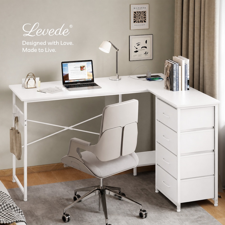 image 1 of Levede Reversible L-shaped Corner Desk 4 Drawers for Office or Gaming