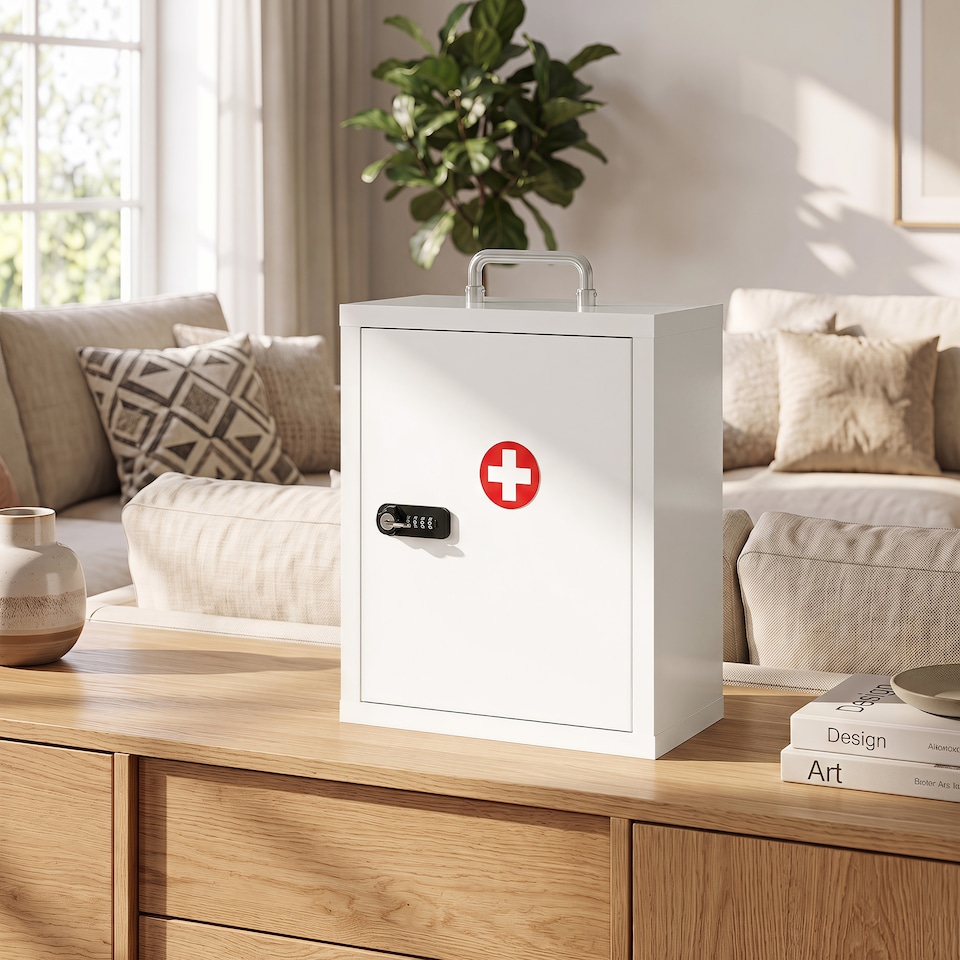 image 1 of HOMCOM Medicine Cabinet, Medical Cabinet w/ Combination and Key Lock, White