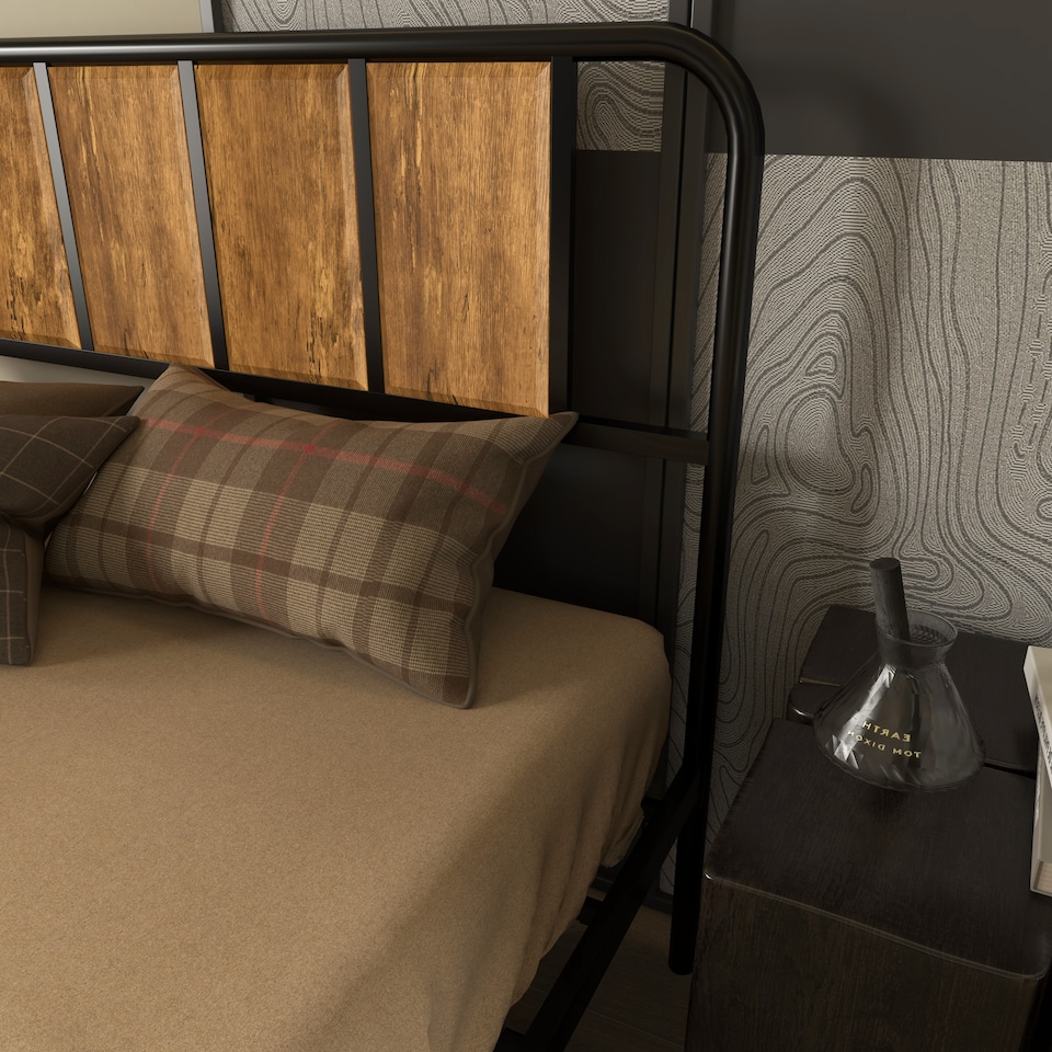 image 1 of HOMCOM 4.8ft Double Bed Frame with Industrial Wood Headboard, Steel Slat Support and 25.5cm Underbed Storage Space, 145 x 197cm, Rustic Brown