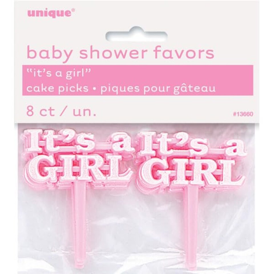 image 1 of Pink Baby Shower Theme 'Its a Girl' Cake Picks - Pack of 8