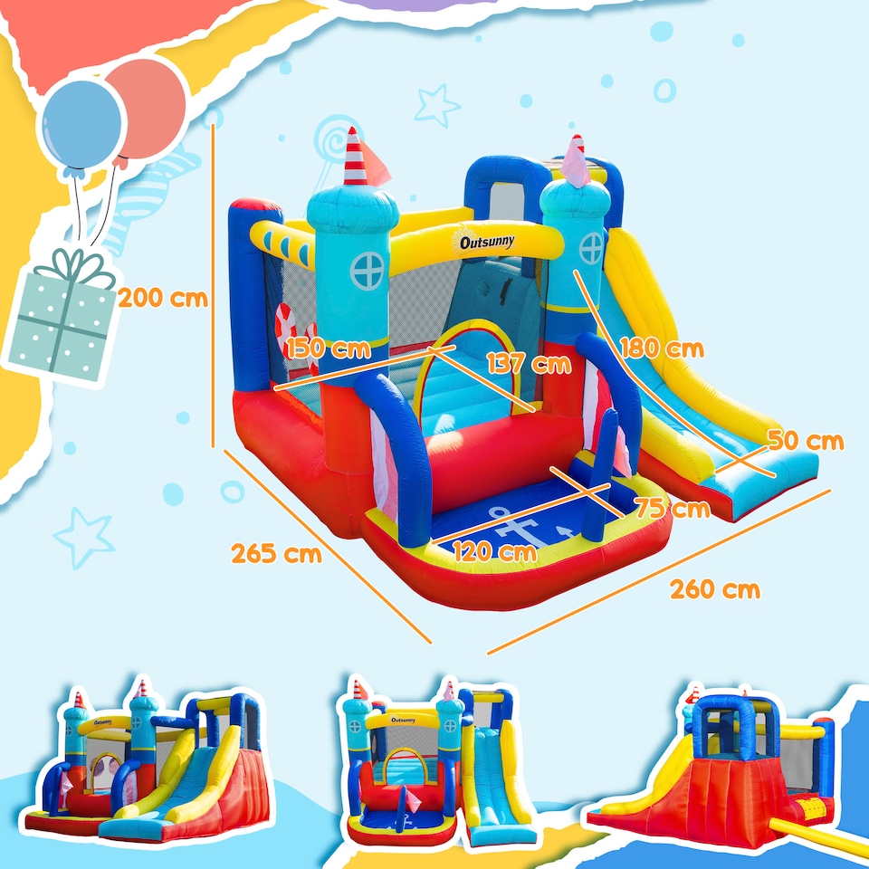 image 1 of Outsunny Kids Bouncy Castle with Slide Pool Trampoline Climbing Wall w/ Blower | Multi | Multi-colored