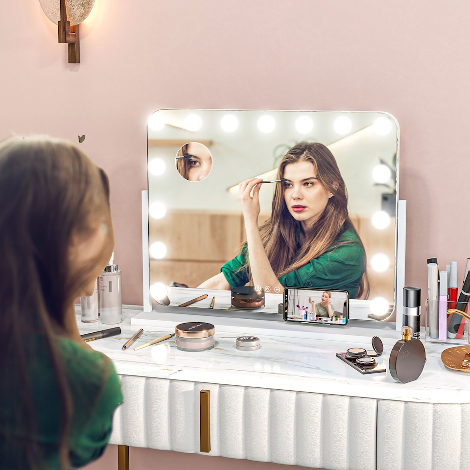 image 1 of HOMCOM Hollywood Vanity Mirror with Lights, Large 6350 cm Lighted Makeup Mirror with 3 Colour, 14 LED Bulbs, 10 Magnifying, USB Charging Port, Phone Holder