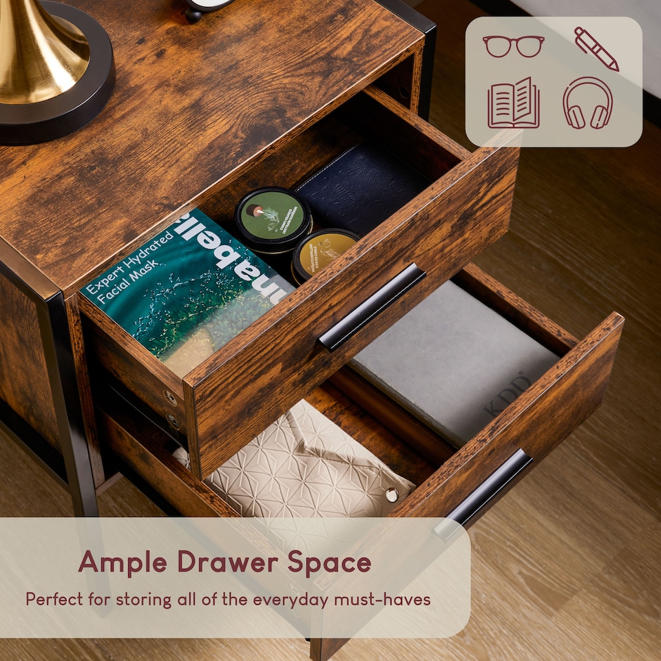 image 1 of Vida Designs Brooklyn 2 Drawer Bedside Cabinet Industrial Cabinet Table Nightstand, Dark Wood